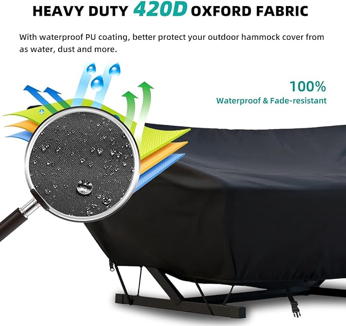 Outdoor Hammock Cover with Zip and Elastic Ropes Heavy Duty 420d Hammock Covers with Adjustable Buckle for Outdoor Universal Hammocks Waterproof Windproof (9-10FTBlack)