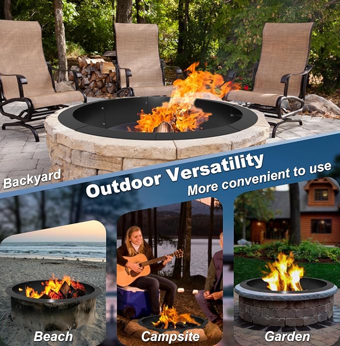 Round Outdoor Fire Pit Ring Insert 31-Inch Inner 35-Inch Outer Diameter Heavy Duty Metal Steel DIY Firepit Liner Campfire Rings for Outside Wood Burning Above or In-Ground Black