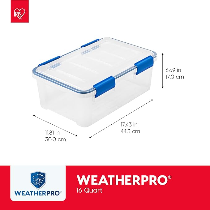 IRIS USA WeatherPro 16 Qt Storage Bins with Lids 3 Pack BPA-Free Plastic Gasket Box with Tight Latch and Seal Stackable Nestable Tote Tub - Clear/Blue