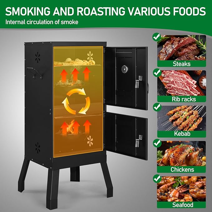40 Vertical Steel Charcoal Smoker GrillHeavy Duty BBQ GrillsOutdoor Camping Backyard Barbecue GrillMetal Barbecue Smokerswith Thermometerfor Patio Garden Beach Porch Lawn Yard (Black)