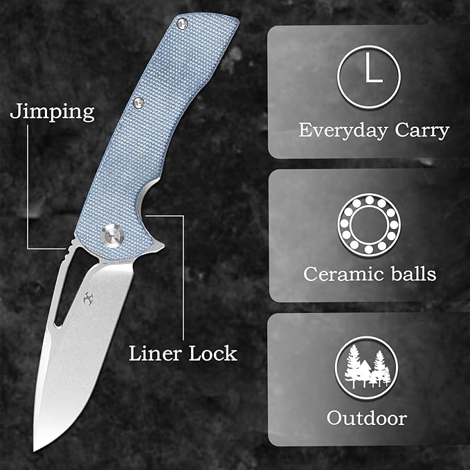 KANSEPT Kryo Pocket Knife 8.08in Folding Knives with 3.58in12C28N Steel Drop Point Blade and Blue Micarta Handle for Outdoor Tactical Survival and EDC T1001M3