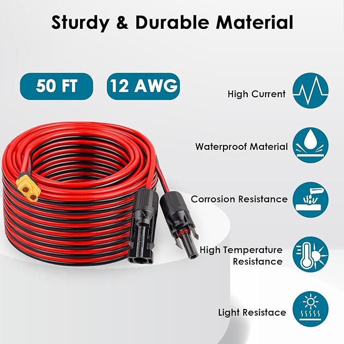 Solar to XT60 Charge Extension Cable 50FT 12AWG XT60 Solar Cable for Portable Power Station Battery Pack