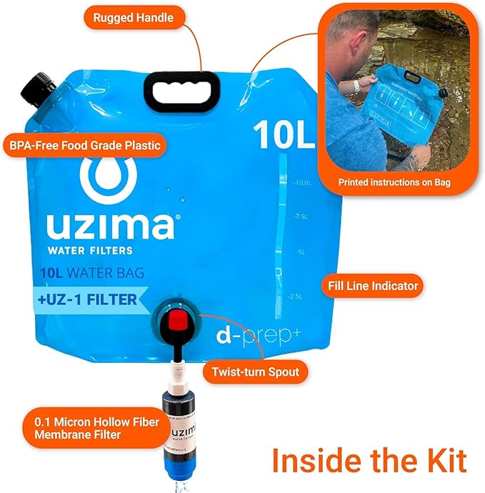 Uzima D-Prep Plus Emergency Water Filtration &amp Storage System – 10L Collapsible Gravity Water Storage Container with UZ-1 Filter for Safe Drinking – Portable Survival &amp Camping Bladder