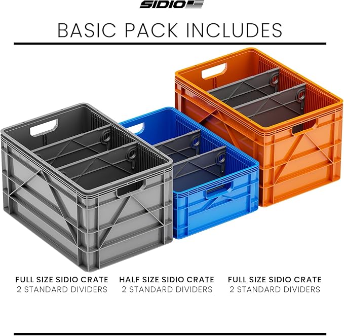 SIDIO Crate Basic Pack - 2 Full-Size &amp 1 Half-Size Heavy Duty Stackable Storage Bins Totes and Containers with Dividers - Durable Plastic Organizer for Home Office Garage and Outdoor Use