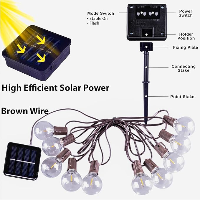 Solar Outdoor String Lights 15FT G50 Patio Lights String Waterproof with 10 Warm White LED Shatterproof Bulbs Perfect for Garden Backyard Pergola Party Cafe Camping Decoration (15FT)