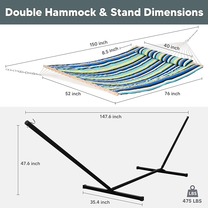 SUNCREAT Hammocks Double Cotton Rope Hammock with Polyester Pad Heavy Duty Hammock with Steel Stand Blue&ampGreen