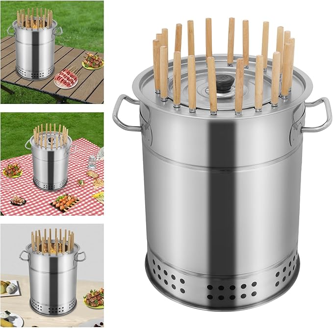 Large Portable Charcoal Grills 2 in 1 Vertical Smoker 360° Smokeless Stainless Steel BBQ Grill Barrel for Outdoor Barbecue Camping And Backyard Cooking (Mini-20 Skewers)