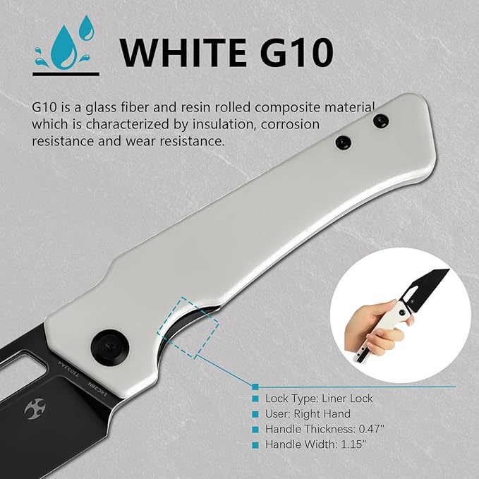 KANSEPT Egress Pocket Knives 8.24in Folding Knife with Black Stonewashed 14C28N Blade White G10 Handle Pocket Tactical Knife for Men Women Envelope Opener with Thumb hole T1033A4