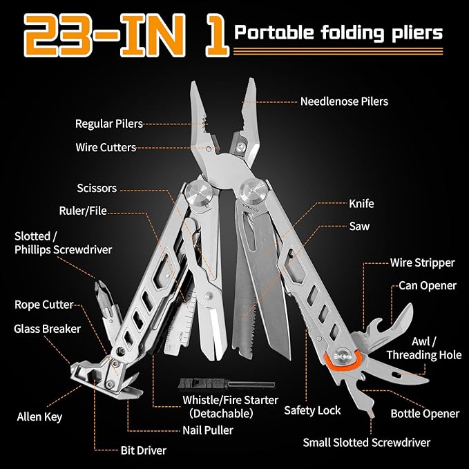 23-in-1 Multitool Pliers with ScissorsWindow Breaker Saw ScrewdriversRope CuttersFlint High-carbon Steel Multi Tool with Carrying Pouch Ideal for Camping Survival and Gift for Him Dad Men
