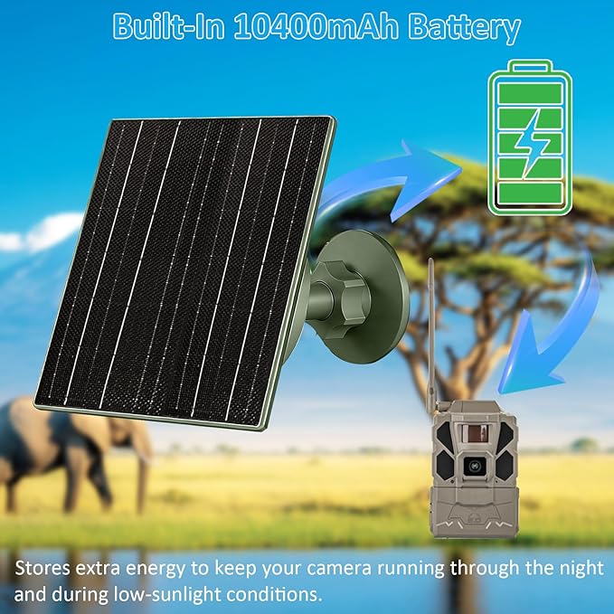 10W Solar Panel with 10400mAh Battery 6V/12V Adjustable Output for Trail Cameras USB-C &amp DC Plugs IP66 Waterproof 360° Adjustable Mount for Cellular &amp Wildlife Cameras