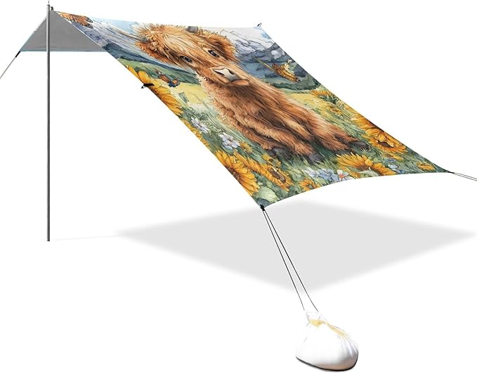 ALAZA Sunflower Baby Highland Cow Beach Tent Sun Shelter Portable Canopy Sunshade for Outdoor Camping Picnics Backyard Fun 10x9 ft