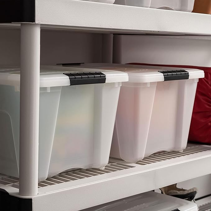 IRIS USA 8 Pack Stackable Storage Bin 32 Quart Plastic Container Totes with Latching Lids for Home and Office Organization Pearl