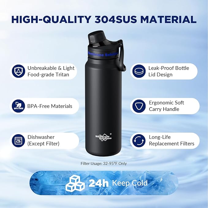 Membrane Solutions C3 Filtered Water Bottle 32oz Stainless Steel Water Bottle with Replaceable UF+ACF Filter Cartridge Portable Water Filter Travel Hiking &amp Camping for Drinking Water