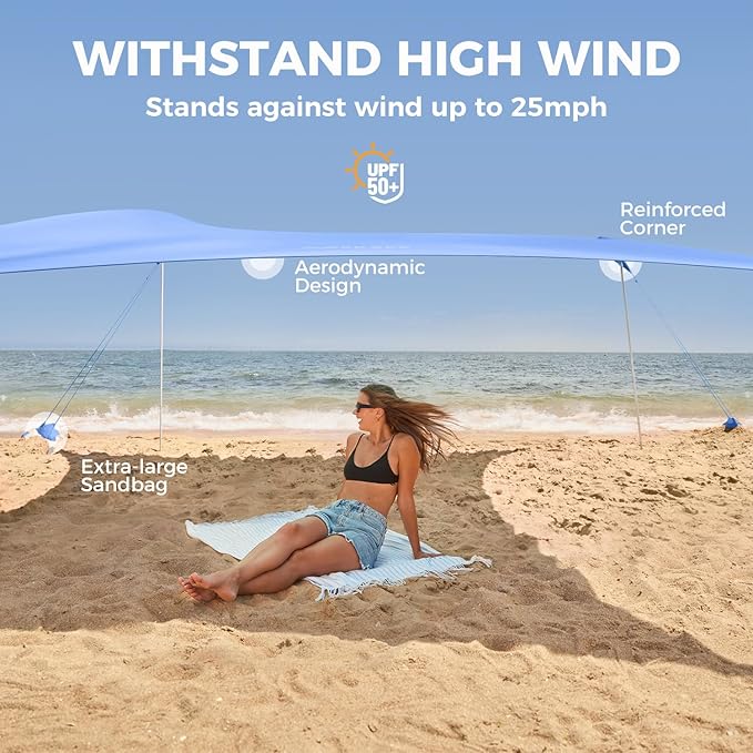 WEKAPO Beach Tent Sun Shelter - Easy Setup Beach Canopy with 4 Sturdy Poles Large Sandbags and Shovel 6'7'' Tall Windproof Sun Shade for Backyard and Camping UPF 50+ Protection