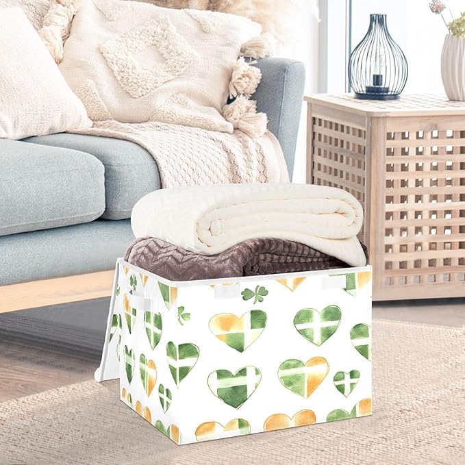 St. Patrick's Heart Fabric Storage Bins with Lids and HandleFoldable Storage Bins with LidsCloset Organizers for Clothes Storage Room Organization Office Storage Chest Organizer