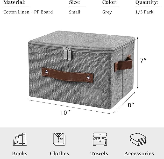 Lucky Monet 3PCS Storage Bins with Zipper Lids 10x8x7 Foldable Lidded Fabric Storage Boxes Baskets Cotton Linen Closet Shelf Clothes Organizer Container with Handles &amp Label Pocket (Grey Small