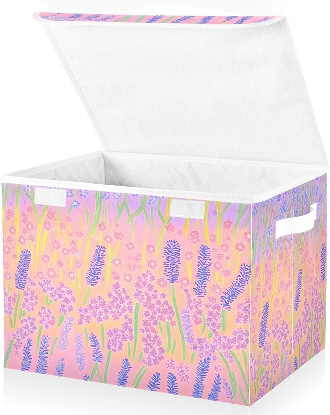 AIXIWAWA Lidded Storage Cube (Cartoon Lavender) Fabric Foldable Closet Bins with Flip Lid and Handles Organizer Basket Container 16.5 x 12.6 x 11.8 IN