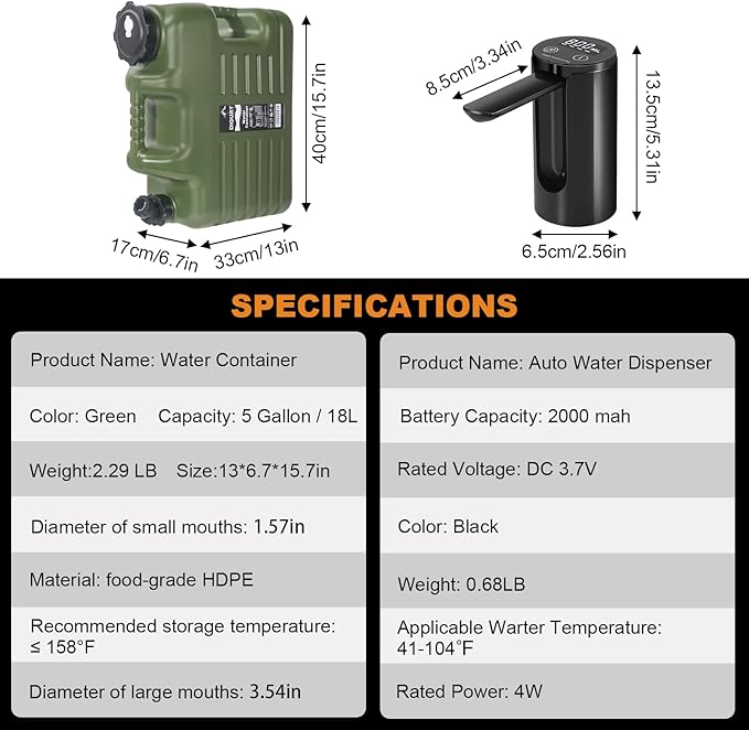5 Gallon Water Jug with Electric Water Dispenser 2000mAh Automatic Type-C Rechargeable Water Pump BPA Free Camping Water Container Tank No Leakage