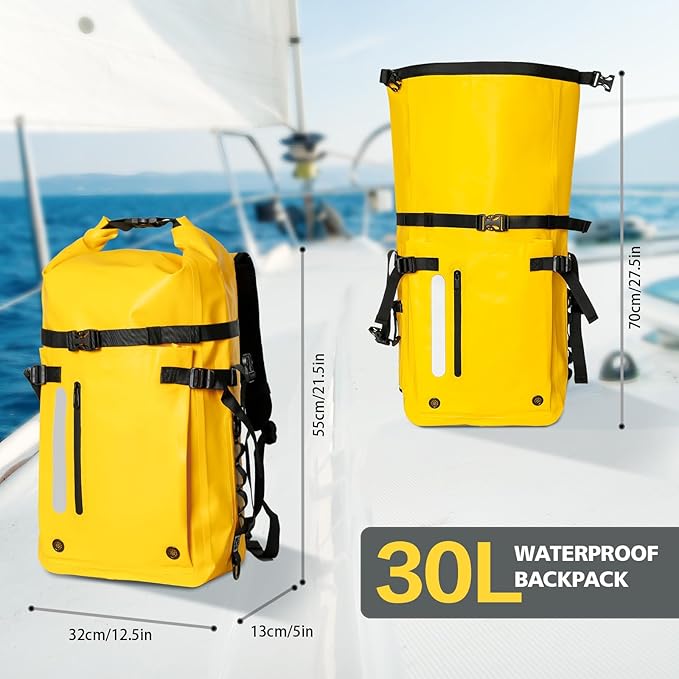 30L Roll Top Waterproof Floating Backpack Equipment Pocket Marine Floating Dry Bags for Kayaking Tracing Beach Fishing Hiking Survival Camping Travel