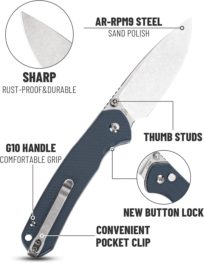 CJRB Folding Knife Pyrite (J1925) AR-RPM9 Blade and Stainless Steel Handle EDC Maunal Folding Knife with Button Lock Blue