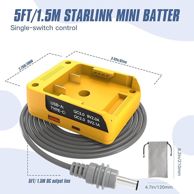 Deckit Starlink Mini Battery Adapter Compatible with DeWalt 20V MAX Battery Portable Off-Grid Power Converter w/Switch Low Voltage Protection &amp Multi-Port 5FT DC Cable &amp Bag
