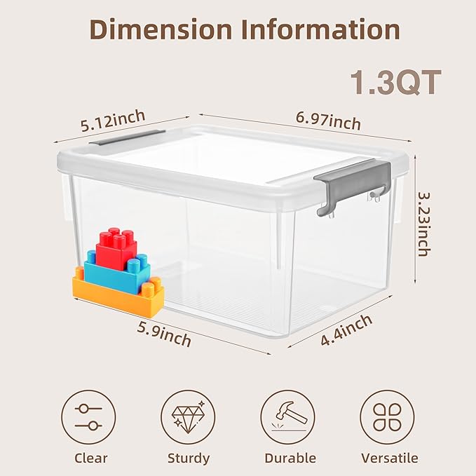 Anywish 8 Packs Small Storage Bins 1.3 QT Plastic Storage Container Stackable Box with Lids for Organizing Clear White