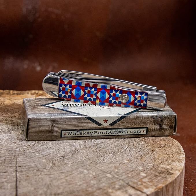 WHISKEY BENT HAT CO. Traditional Trapper Folding Pocket Knife 4.125 Closed Length 440C Stainless Steel Blades (Barn Art)
