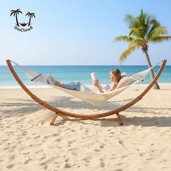 ONCLOUD Hammock Wood Arc Stand with Double Hammock Hammock with Stand for Outside Natural Wooden Stand 330LBS (10.5 ft)
