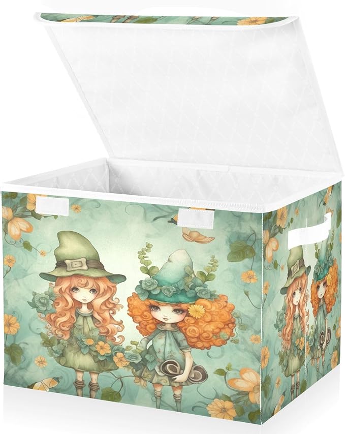 Christmas Storage Baskets with Lids Two Girls in A Hat Collapsible Bins Stackable Fabric Linen Baskets Closet Organizer Container 16.5x12.6x11.8