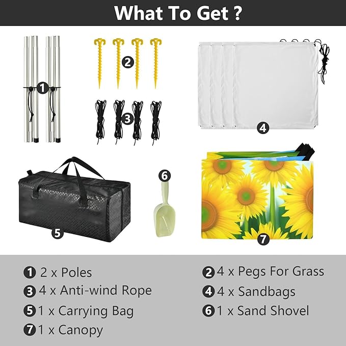 Beach Canopy with Windproof Ropes &amp Sandbags Beach Tent Sun Shade Sun Shelter for Camping Trips Fishing Backyard Fun or Picnics Sunflowers