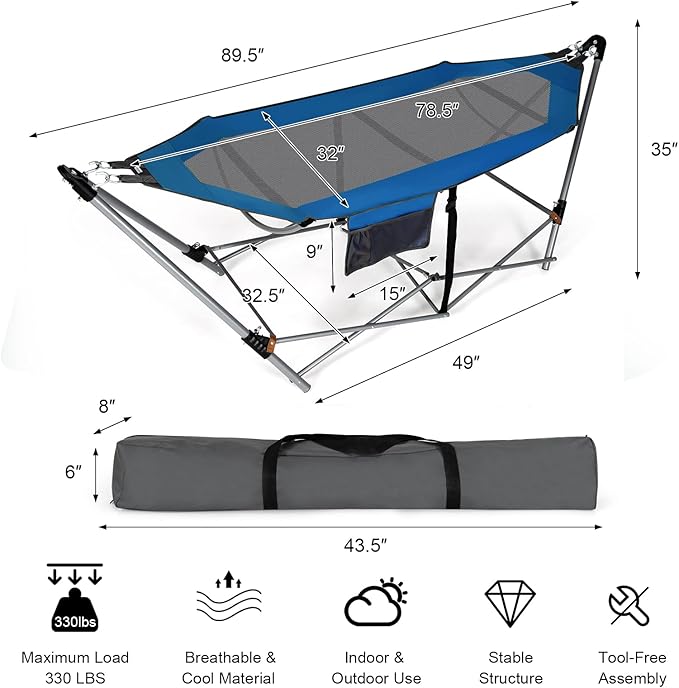 Portable Folding Hammock w/Side Pocket Lounge Camping Bed w/Metal Stand &amp Anti-tip Buckles Outdoor Camping Hammock with Carrying Bag for Patio Garden Yard Easy Assembly (Blue)