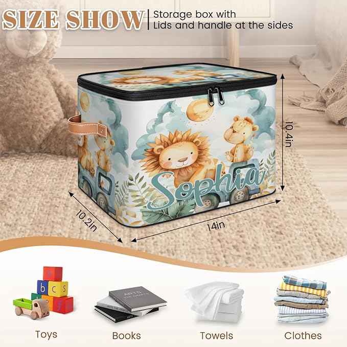 Custom Storage Basket with Name Personalized Storage Bins with Zipper Lid Foldable Fabric Storage Box Large capacity with Handle Lion Car