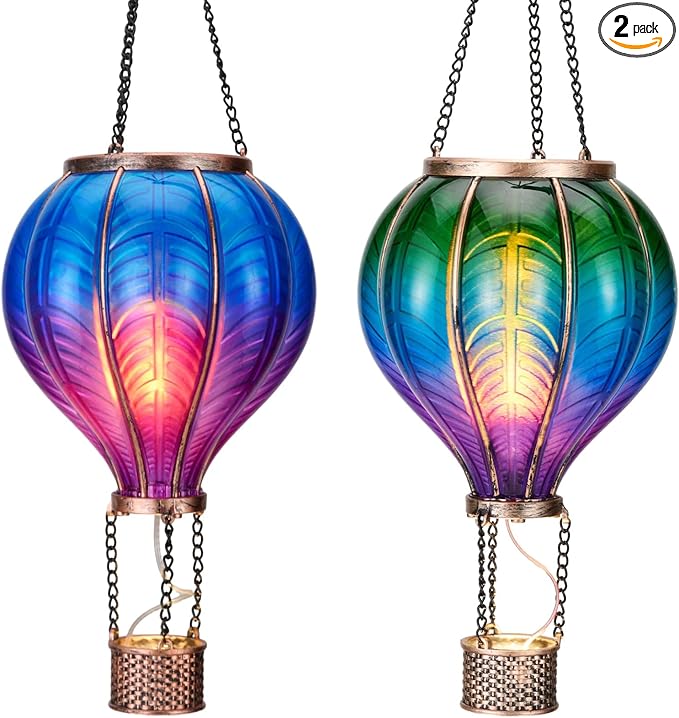 TERESA'S COLLECTIONS 2 Pack Hanging Solar Lantern Outdoor Garden Decor for Valentine Waterproof Plastic Hot Air Balloon Green Flickering Flame Effect Lantern for Yard Tree 18