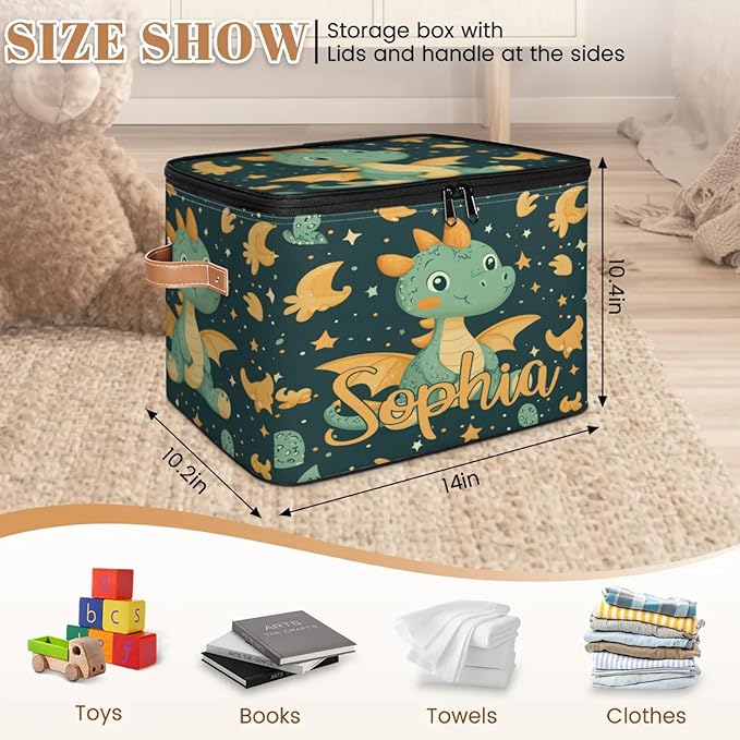 Custom Storage Basket with Name Personalized Storage Bins with Zipper Lid Foldable Fabric Storage Box Large capacity with Handle Dinosaur Star