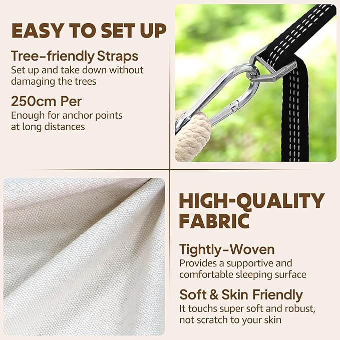 Chihee Cotton Hammock Holds Up to 660lbs Fabric Hammock 8.9x4.9ft Soft Portable Tree Hammocks Camping with Detachable Spreader Bar Pillow 2 Strong Webbings 2 Carabiners Indoor Outdoor Backyard Garden