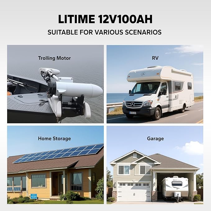 Litime 12V 100Ah Group 24 Bluetooth LiFePO4 Battery Deep Cycle Lithium Battery Built-in 100A BMS with Low-Temp Protection Max. 15000 Cycles Perfect for RV Solar System Trolling Motors etc