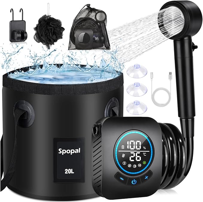 Portable Shower for Camping [Upgraded] Spopal 8000mAh Rechargeable Camping Shower with 5 Adjustable Speeds 4 Spray Modes with Collapsible Bucket with Handle 20L for Hiking Travel Car Pet
