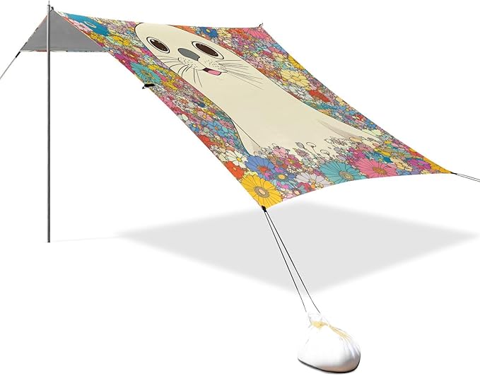 Funny Seal Foldable Beach Tent UPF50 Waterproof Large Sun Shelter with Sandbags Sand Shovel Poles for Backyard and Camping