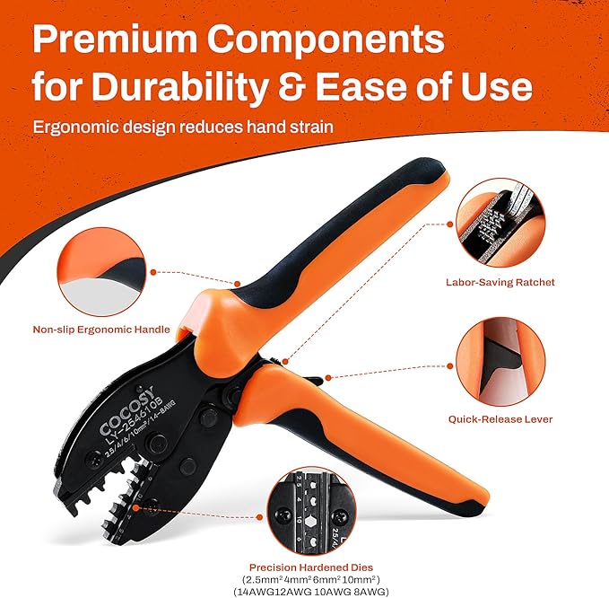 Solar Crimping AWG 8-14 Compatible with Solar Connectors Solar Crimper Ideal for AWG8 AWG10/12/14 (2.5-10mm²) Wires - Precise Solar Ratcheting Crimper for PV Systems
