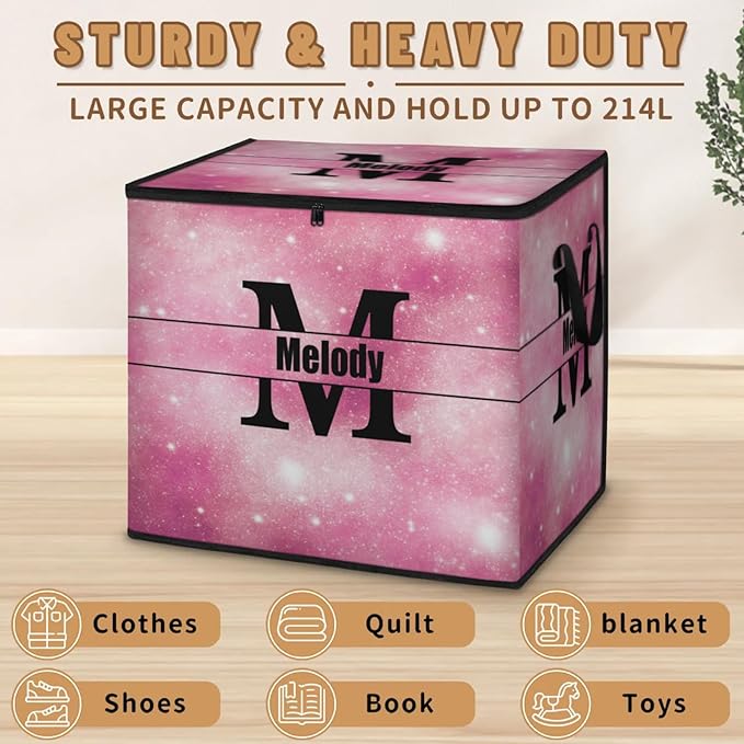 Personalized Extra Large Storage Bins with Lid Customized Name Jumbo Storage Basket Rectangle Clothes Organizer for Organizing Kids and Pets Toys Shelf Closet Pink Galaxy with Initial Letter