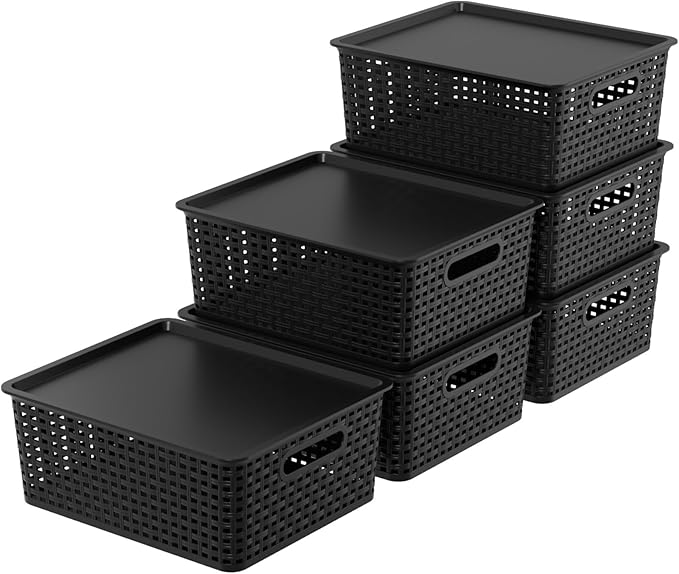 6 Pack Plastic Storage Bins with Lids Stackable Plastic Storage Baskets with Lids Black