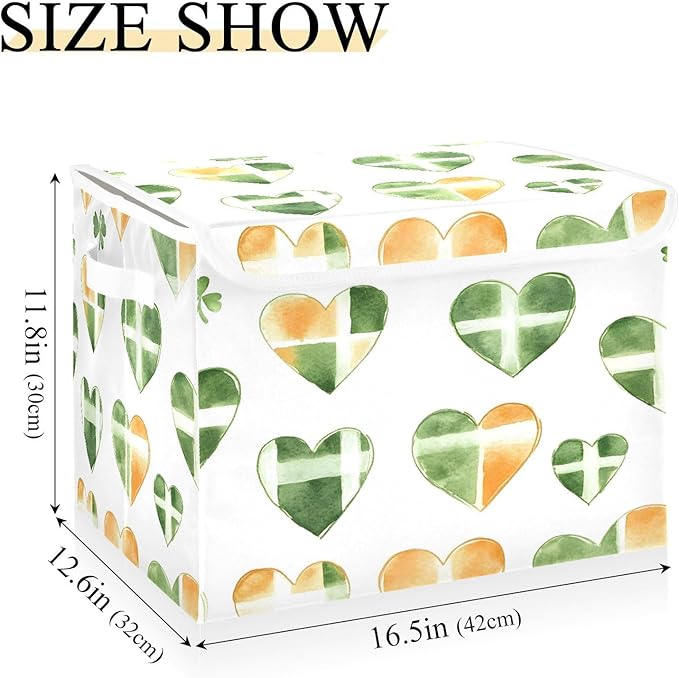 St. Patrick's Heart Fabric Storage Bins with Lids and HandleFoldable Storage Bins with LidsCloset Organizers for Clothes Storage Room Organization Office Storage Chest Organizer