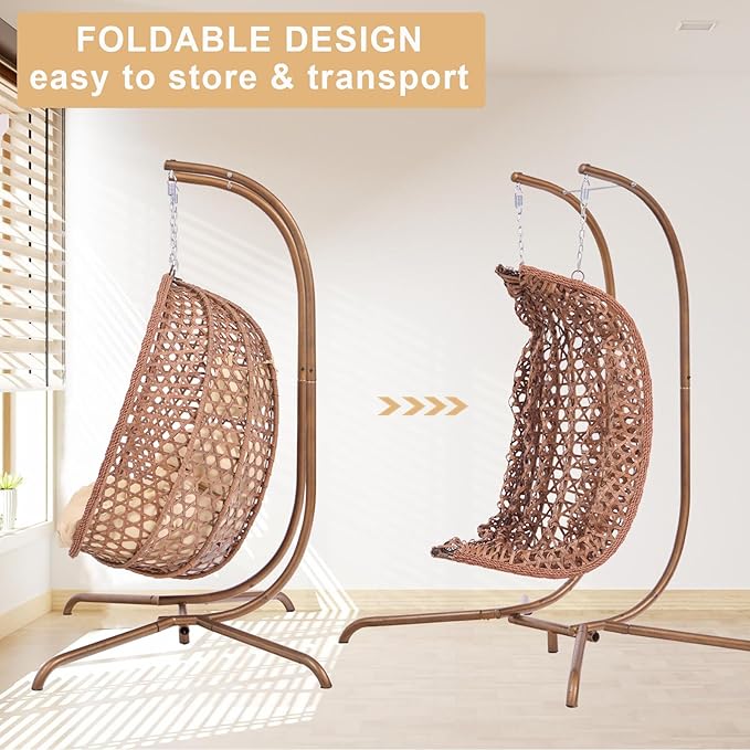 Double Swing Egg Chair with Stand Hexagon Rattan Wicker Swing Chair Outdoor Large 2 Person Patio Hanging Chair with Foldable Loveseat Removable Cushions (Beige)