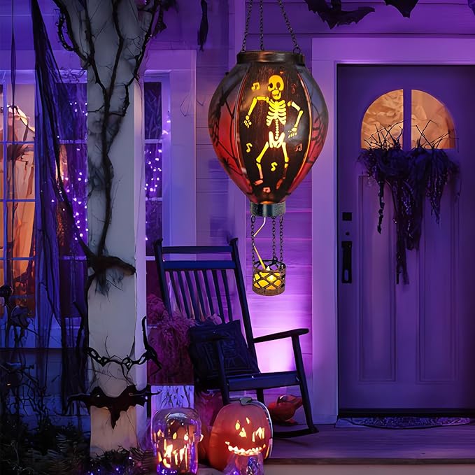 Halloween Outdoor Decorations Hot Air Balloon Solar Lantern with Flickering Flame Hanging Outdoor Lanterns with Skull Pattern Hollowed-Out Design Halloween Party Decor for Garden Patio (Halloween)