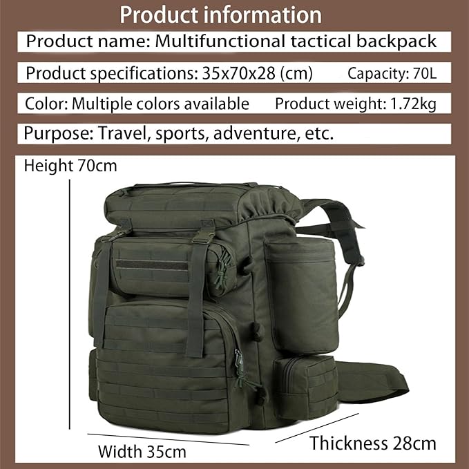 70L Military Tactical Backpack Waterproof Hiking Rucksack 3 Day Bug Out Bag Outdoor Camping Pack Army Green