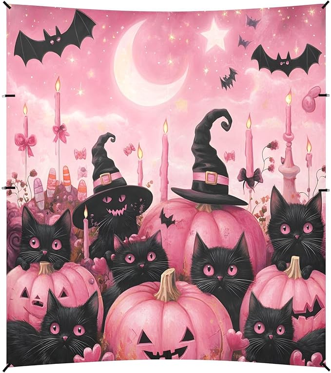ALAZA Pink Pumpkins Black Cats Halloween Beach Tent Sun Shelter UPF50+ Protection Beach Shade Canopy w/ 4 Sandbags for Outdoor Camping Fishing Backyard Fun Picnic 10x9 ft