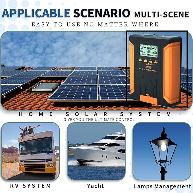 50A 180V MPPT Solar Charge Controller 12V/24V/36V/48V Auto Heat-Dissipating Metal Housing Dual Fans and LCD Display for LiFePO4 Gel Lithium SLD FLD and Ternary Battery