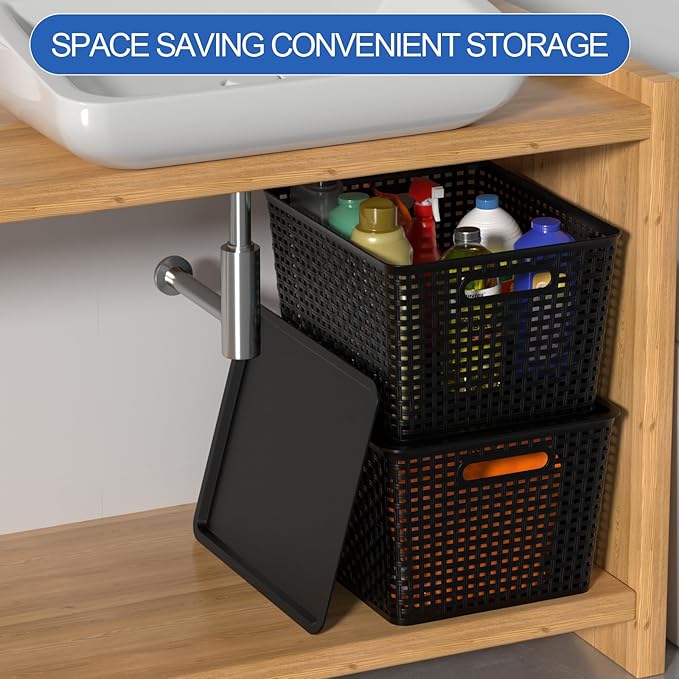 Large Plastic Storage Baskets with Lids Stackable Storage Bin Basket for Organizing Shelves Closet Pantry 14.09 x 11.69 x 8.78 6 Pack Black
