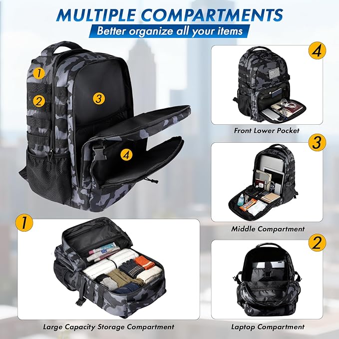 PLUSINNO Tactical Backpack 40L Water Resistant Military Backpack gym backpack for men Laptop Backpack Large MOLLE Tactical Bag 3-Day Bug Out Bag For Work Camping Hiking with Molle System