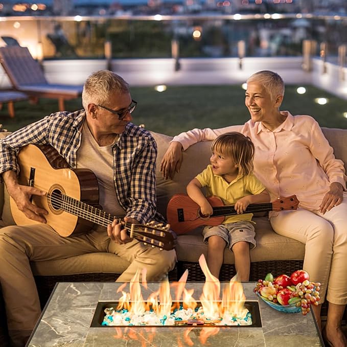 32'' Fire Pit Table with Natural Gas Conversion Kit Marble Textured Ceramic Tabletop 50000 BTU Fire Table with Brown Wicker Rectangle Tank Required to Be Kept Outside.